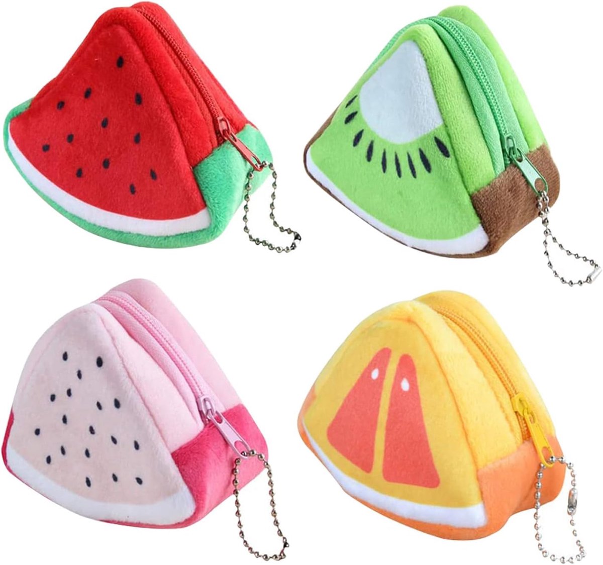 SnelShoppen - 4 Stuks Kinderen Portemonnees, Mini Wallets, Kleine Rits, Fruitvorm, Pluche Muntenbox, Mini Munten, Pluche, Voor Sleutels, Oordopjes, Li