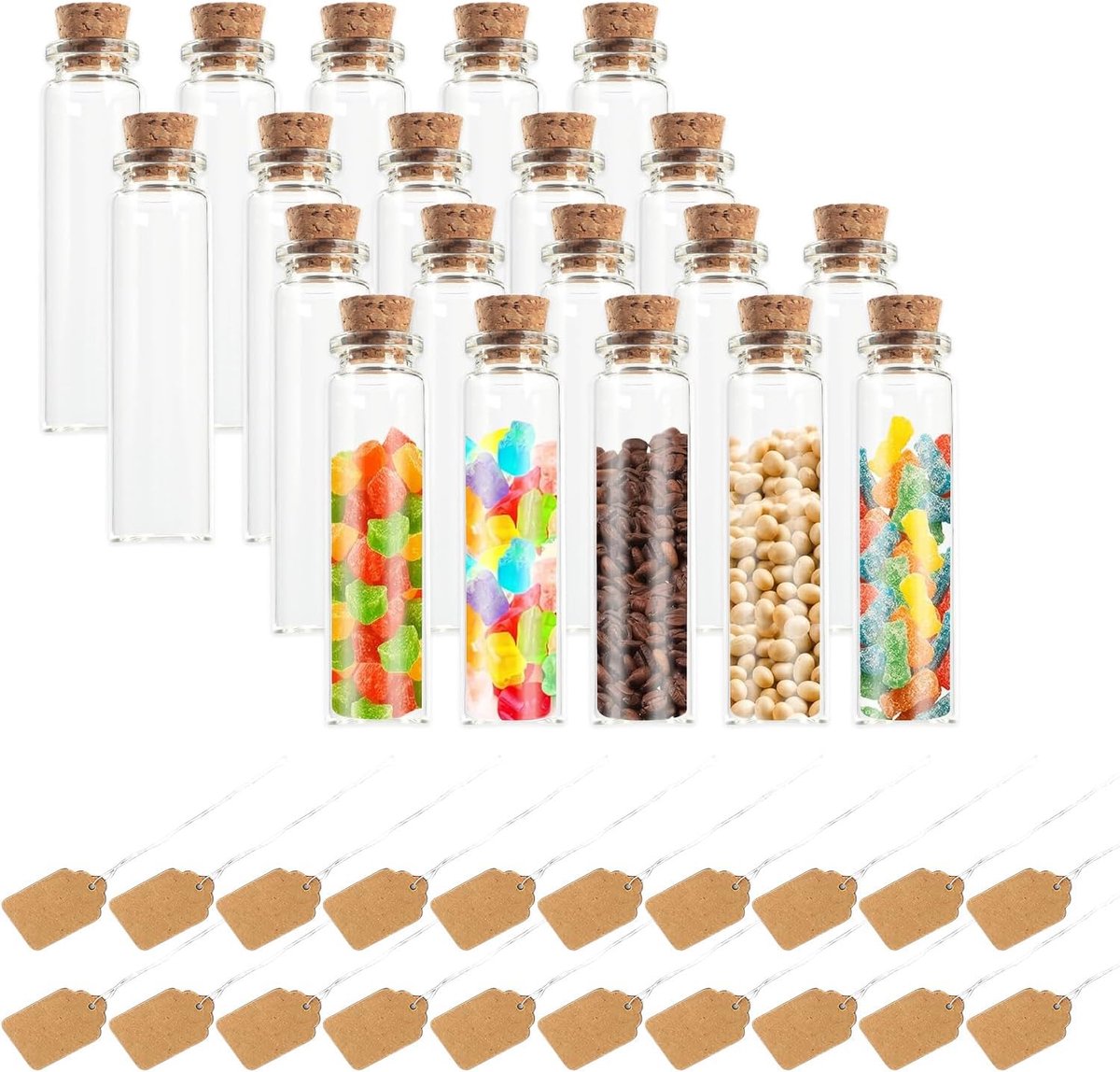 SnelShoppen - Set van 20 Kurken Testbuizen, Glazen Flessen met Kurk, 22mm x 80mm, Mini Potjes voor Specerijen, Kleine Cadeaus voor Bruiloft, Decoratie