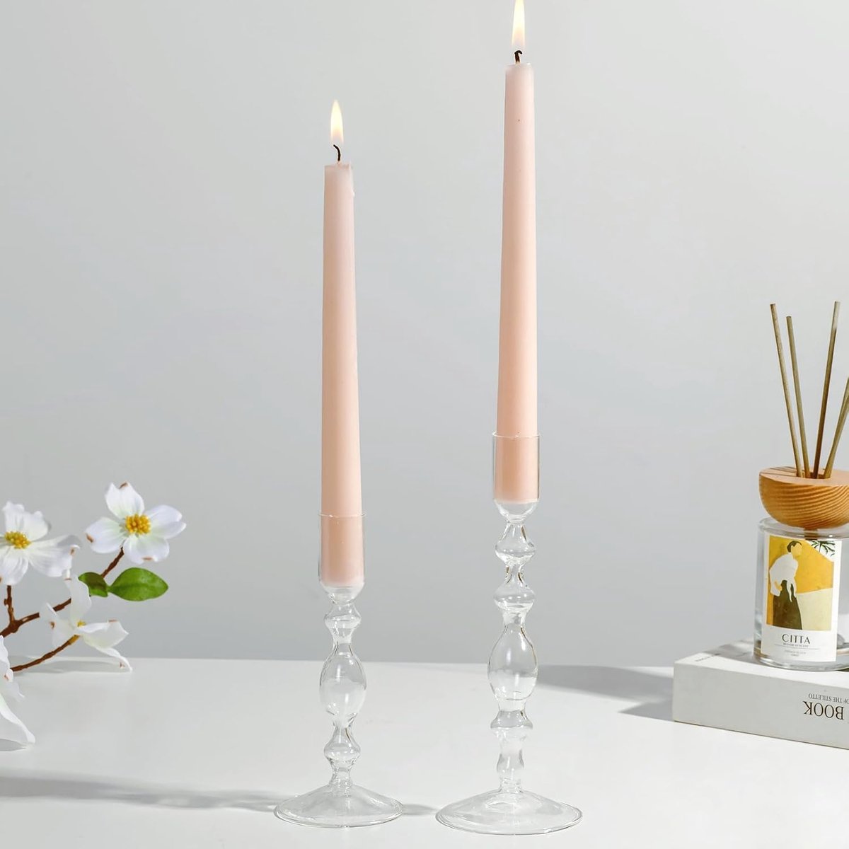 SnelShoppen - Glazen Kaarsenhouders Set van 2 - Moderne Decoratieve Kandelaar voor Woonkamer - Taper Kaarsenhouder 16cm/20cm - Ideaal voor Hu decorati