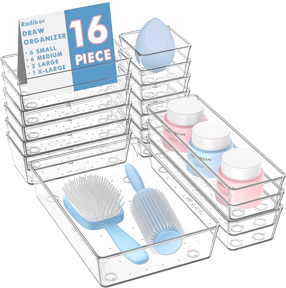 Omgoods - Lade-organizer - 16 stuks - Transparante kunststof ladedozen - Stapelbare ladeverdelers - Perfect voor badkamer en keuken - Organiseer je...