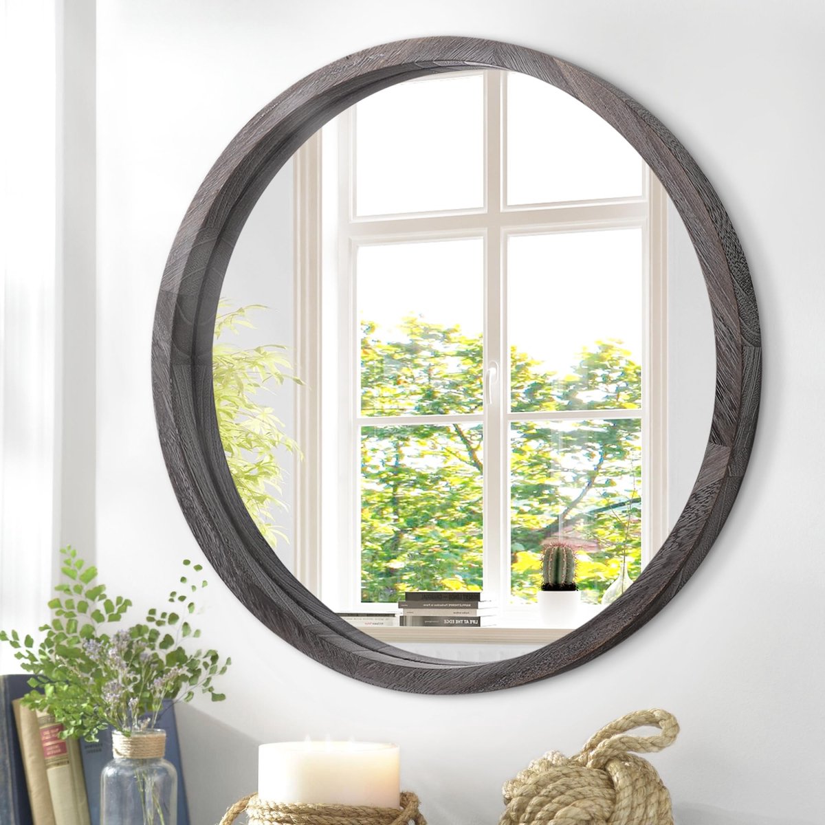 Omgoods - Ronde Wandspiegel met Houten Frame voor Thuisdecoratie