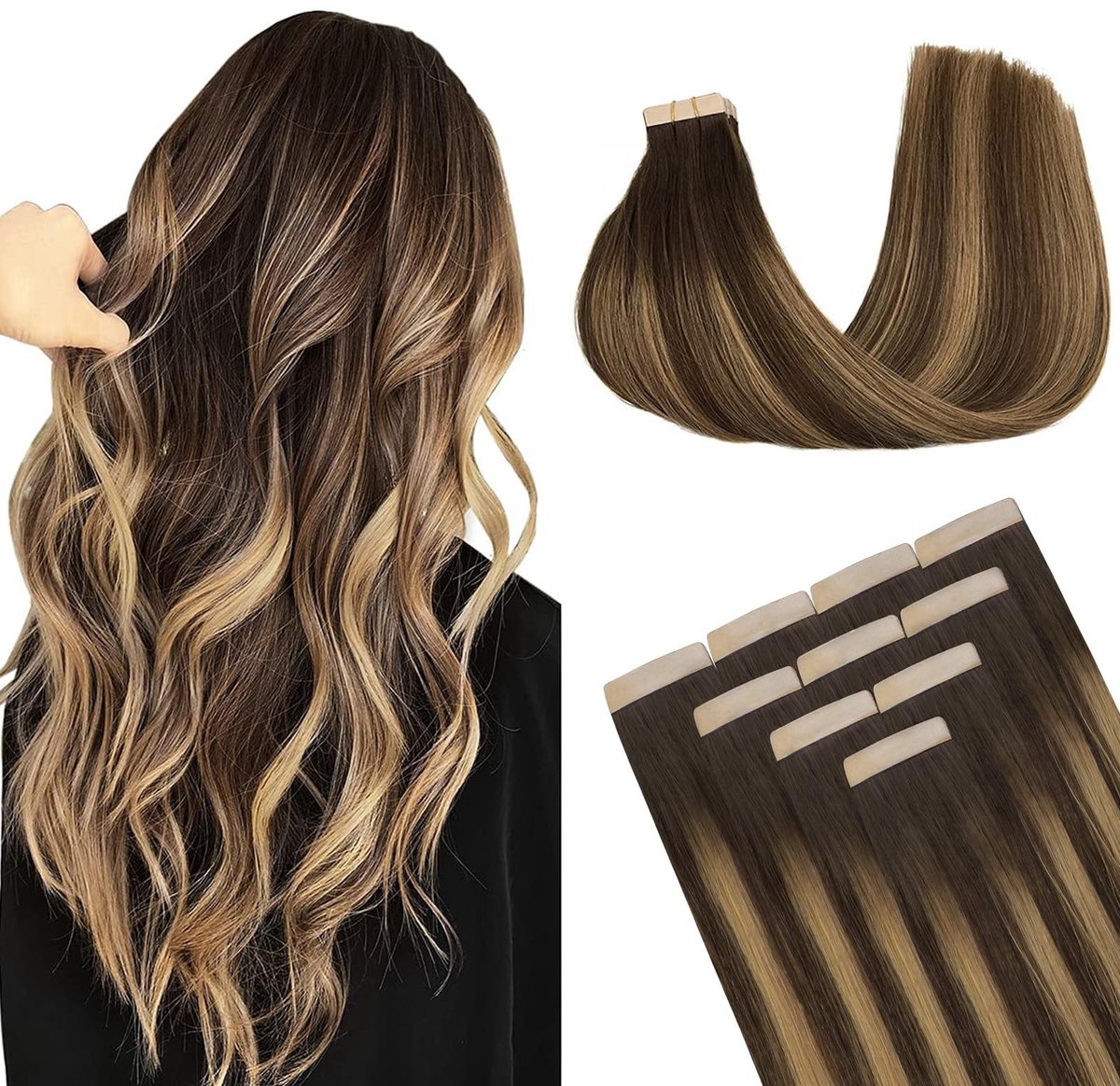 Omgoods - Hair Extension Tapes Balayage - Natuurlijke Zwart naar Licht Blond - 14 Inch, 10 Stuks