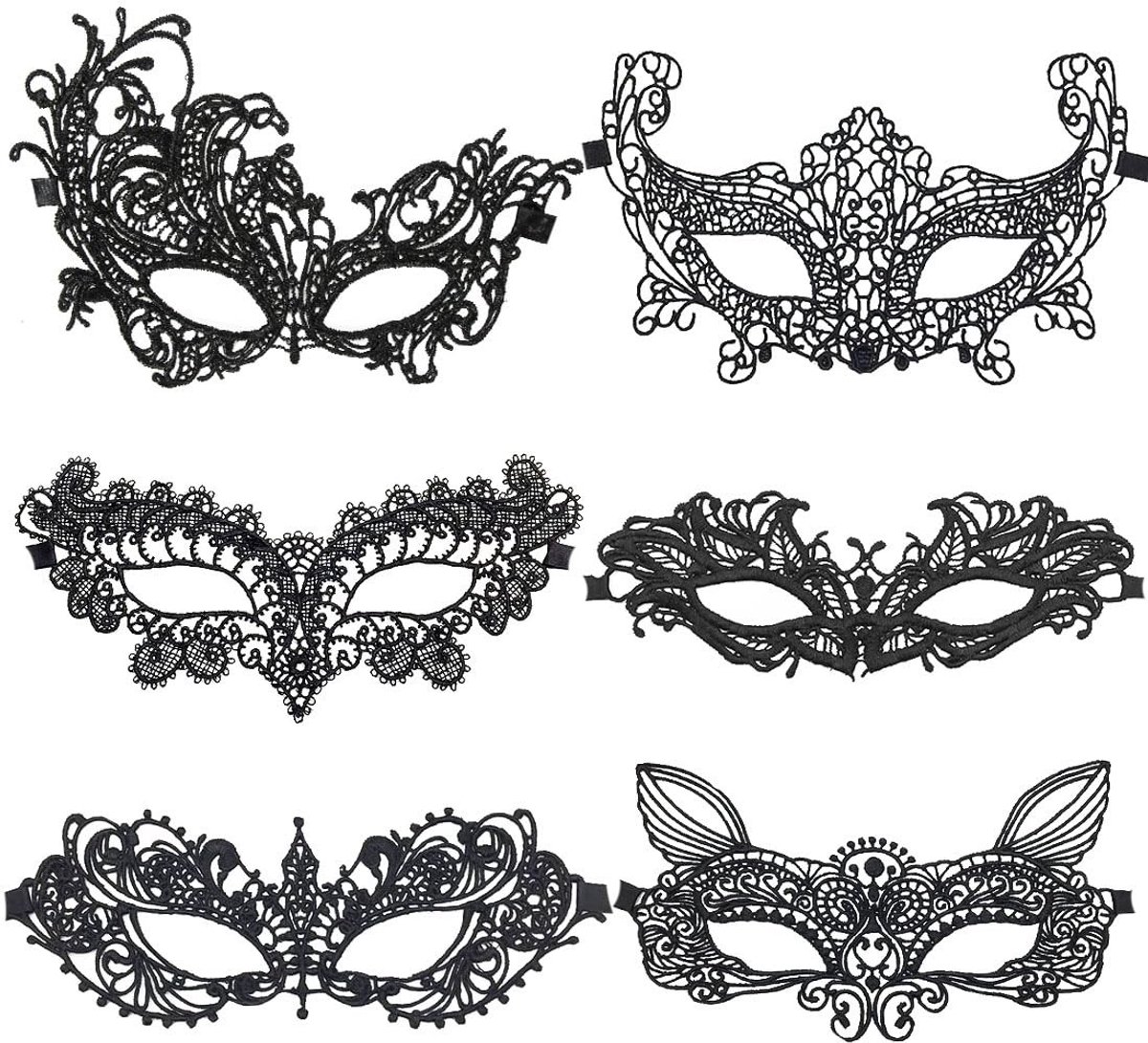 Omgoods - Set van 6 Zwarte Kanten Maskers voor Halloween en Carnaval