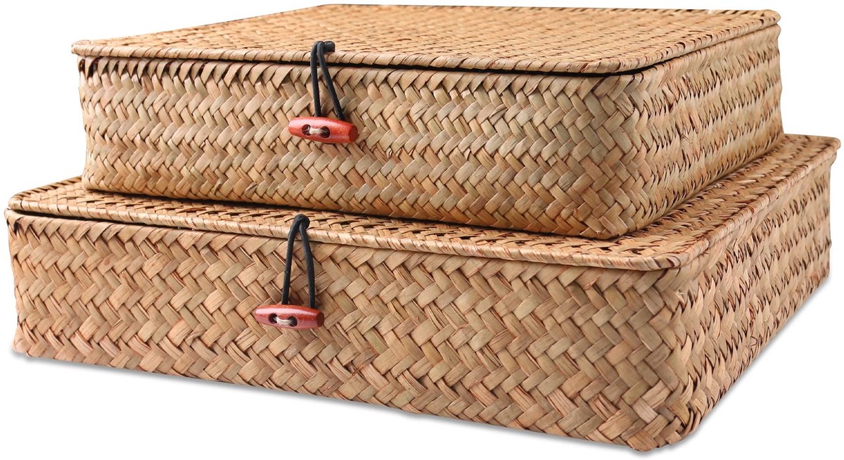 Omgoods - Set van 2 Rieten Opbergmanden met Deksel