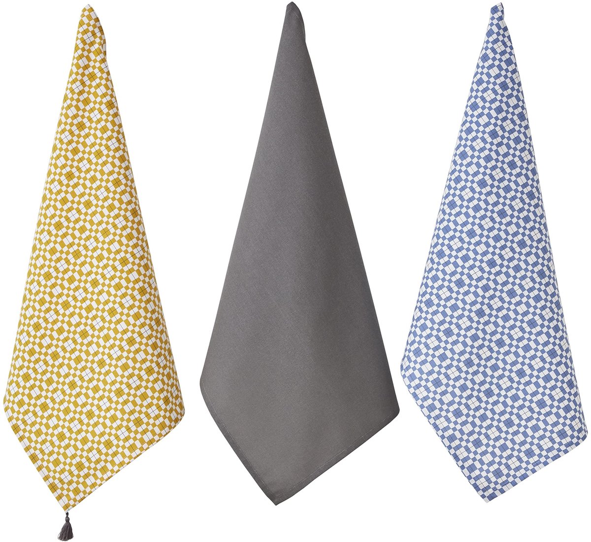 Omgoods - Set van 3 Theedoeken van Gerecycled Katoen - Duurzaam met Kwasten - 50 x 70 cm - Grijs, Okergeel en Blauw
