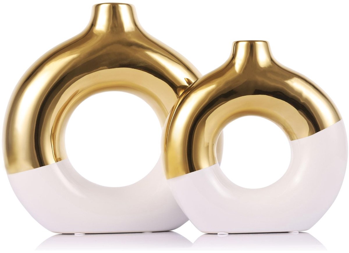 Omgoods - Set van 2 Witte en Gouden Keramische Vazen voor Interieurdecoratie