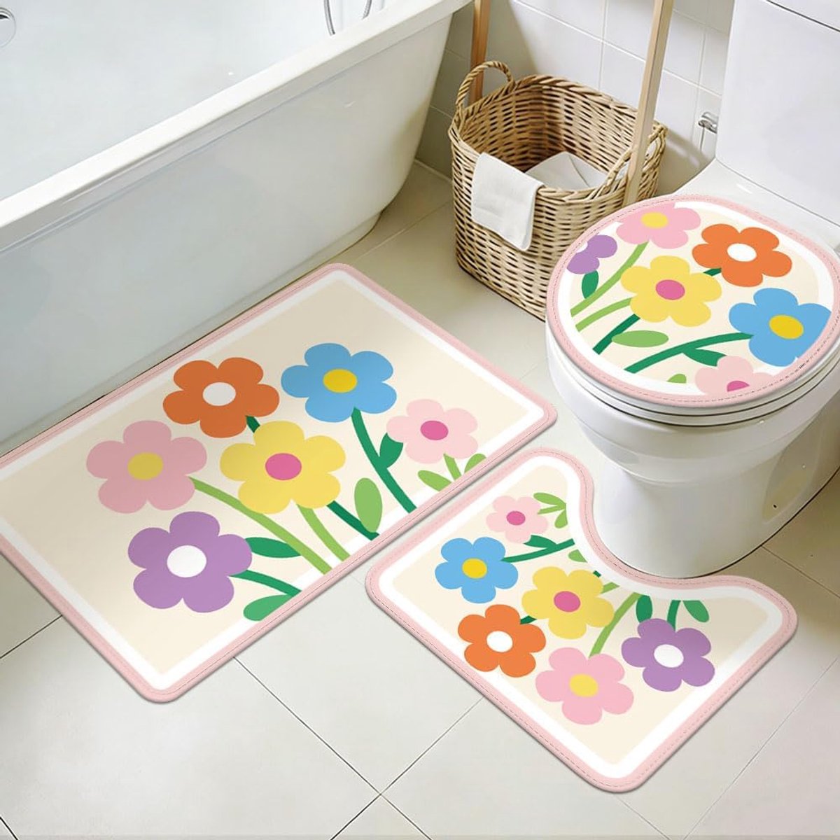 SnelShoppen - 3 Stuks Kleurrijke Bloemenbadmatset, Wasbare Badkamertapijten met Toiletmatten, Zachte Antislip Badmat voor Badkamer, Toiletten en Keuke