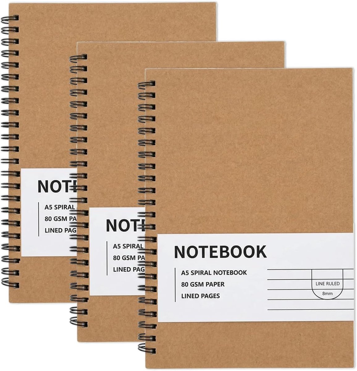SnelShoppen - Notebook A5 Lijn, 3 Pack Kraft Papier, 120 Pagina's, Spiraal Notitieboek, Draadgebonden Notepad, Geschikt voor Studenten, Professionele