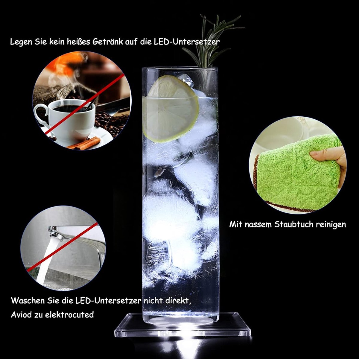 LED onderzetters set van 8 - vierkant transparant acryl - met aan/uit functie - sfeervol voor feestjes - ShopVlot