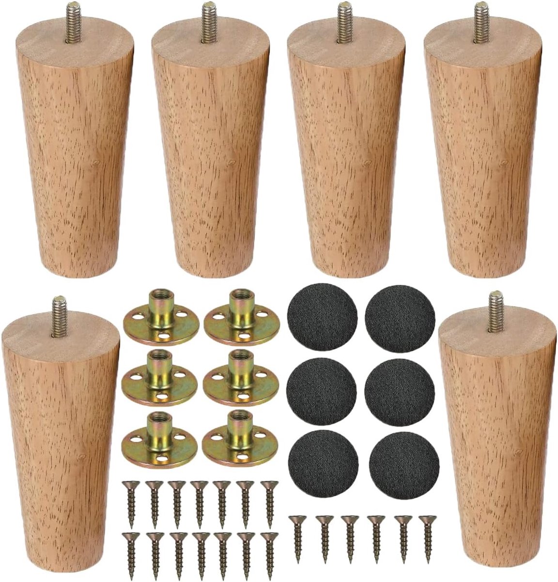 SnelShoppen - 6 Stuks Houten Tafelpoten Conisch Model 12 cm Vervangingspoten voor Meubels, Sofa, Bed, Kast met Vilt Beschermingsplaten