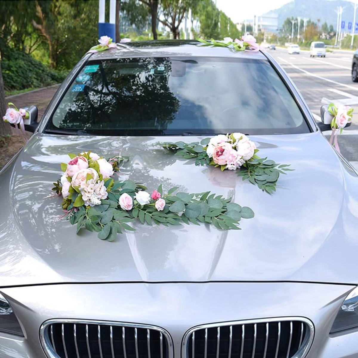 SnelShoppen - Bruiloft Auto Decoratie Pakket met Rozen en Pioenrozen Kunstbloemen, Duurzaam en Herbruikbaar, Eenvoudig te Bevestigen, Roze, Voor Trouw