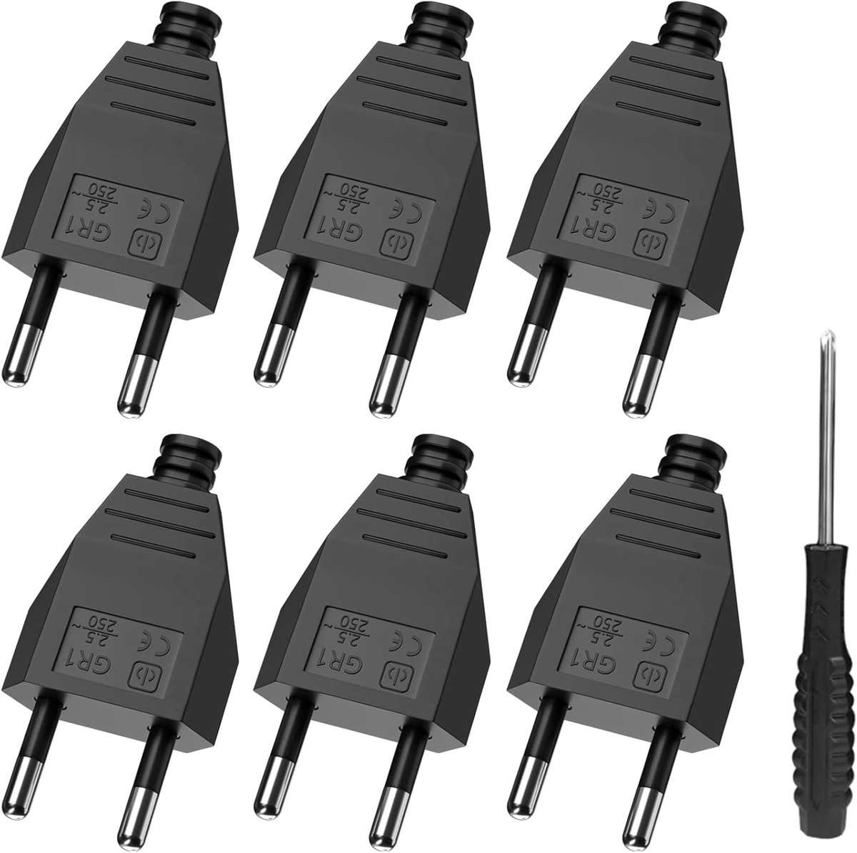 SnelShoppen - Euro stekker plat, Euro platte stekker, voedingsstekker plat (220V, 2.5A), zwart - 6 stuks voor lampen, huishoudelijk gebruik, verlichti