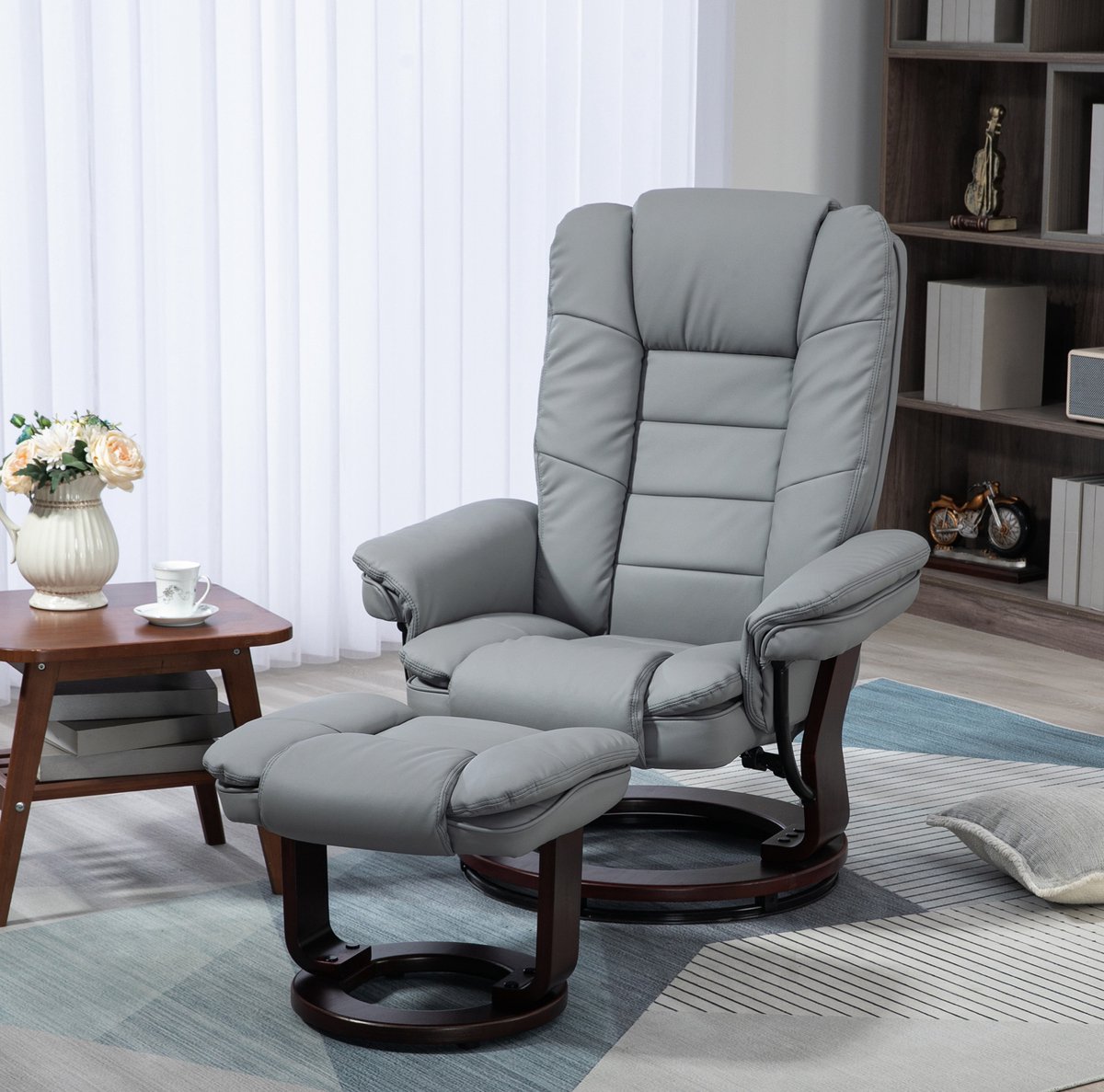 COVREO Relaxfauteuil met hocker 85x82x106 cm grijs, kunstleer 360° draaibaar