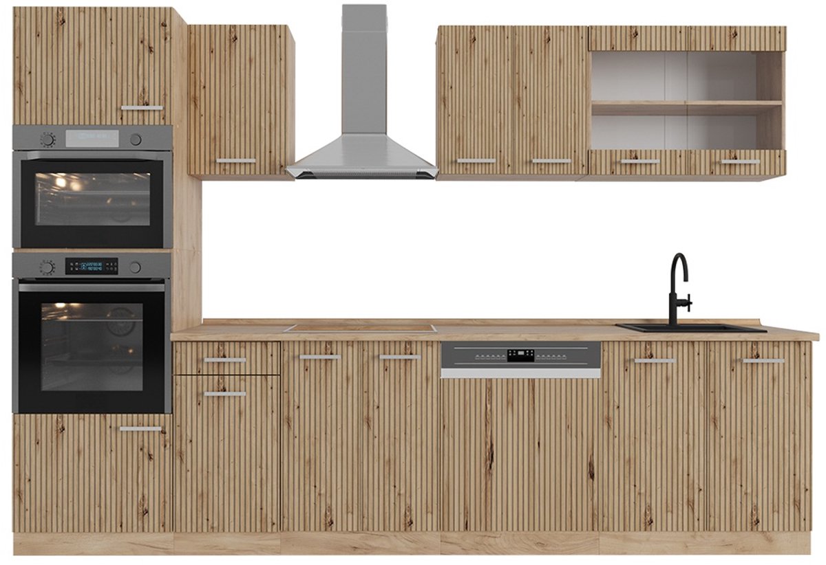 Vicco R-Line Complete keukeneenheid – 300 cm met hoge kast, zonder werkblad Artisanaal eiken/Goudkraft eiken