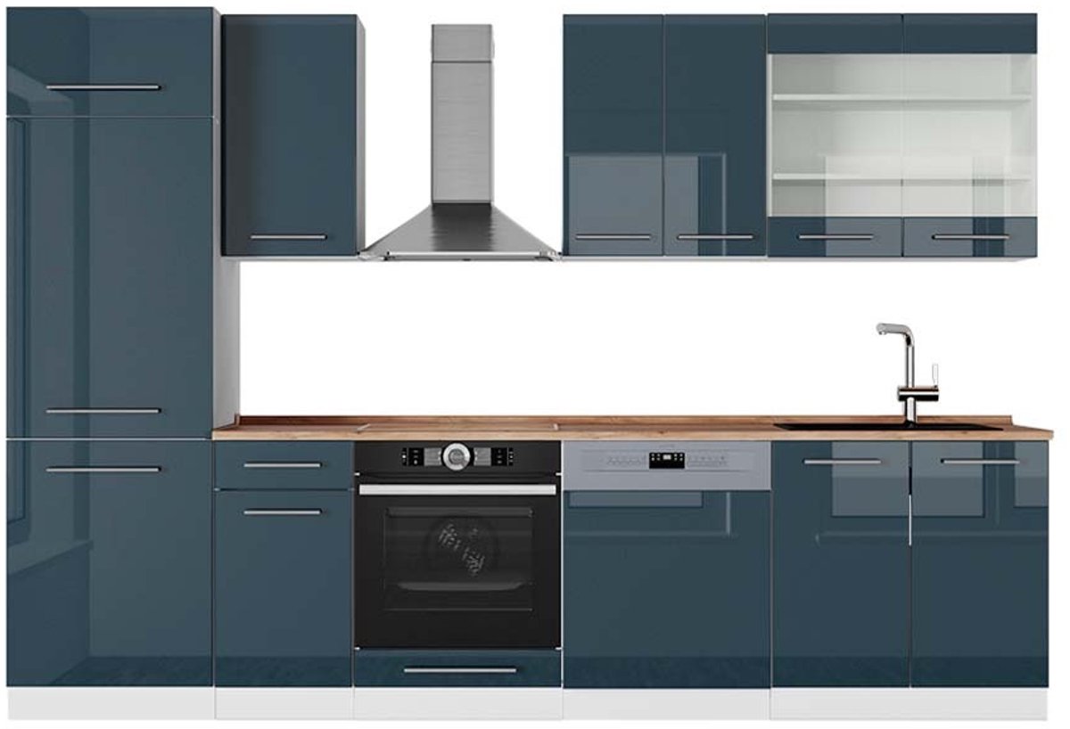 Vicco Fame-Line Complete keukeneenheid – 300 cm, WB Eik Donkerblauw hoogglans/wit