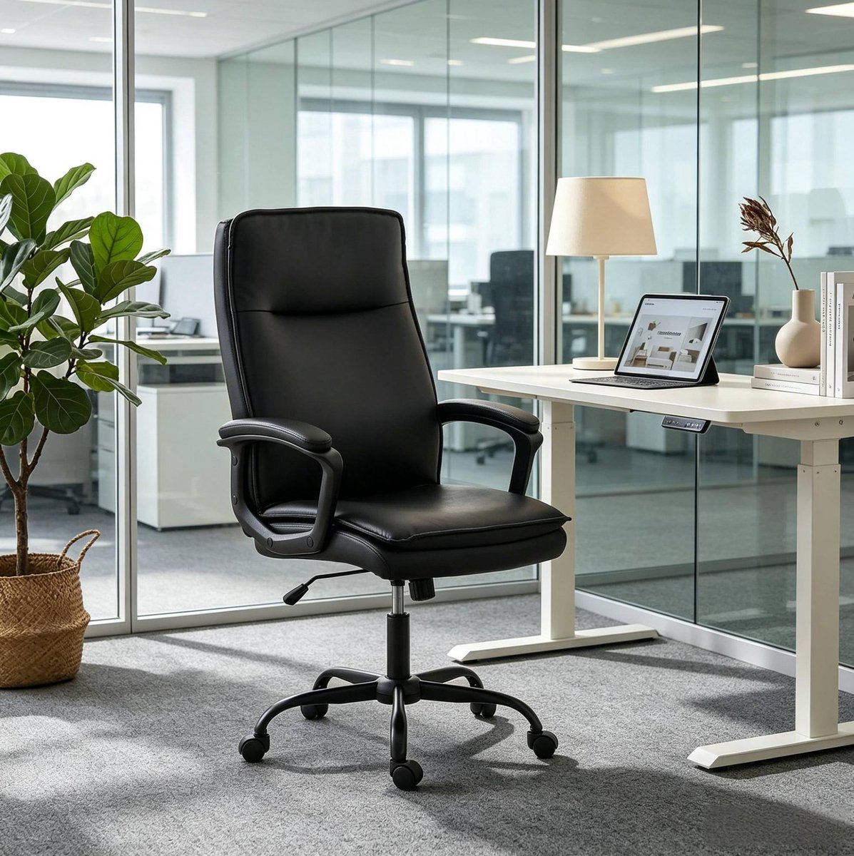 MIVRAY Bureaustoel 66 x 70 x 109-119 Cm - Verstelbare Zithoogte, Kantelfunctie En Armleuningen - Voor Kantoor En Thuiswerk - Kunstleer - Zwart