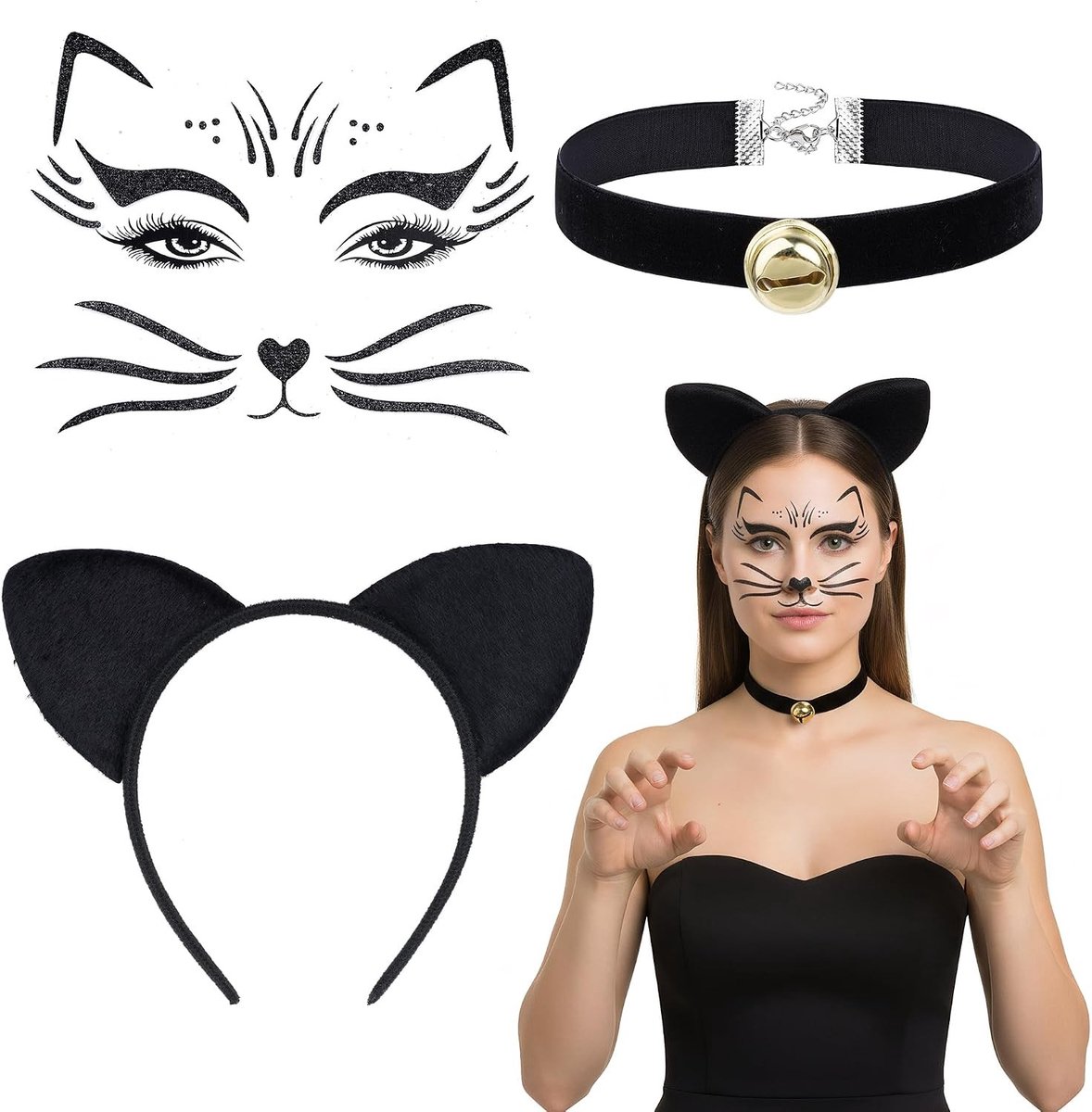 Kattenkostuum voor dames met kattenoren, halsketting en gezichtstattoo voor carnaval en themafeesten, perfect voor cosplay en maskerade evenementen