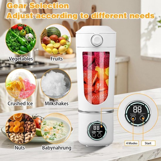 mixer, 700 ml kleine mixer smoothie, mini-blender met 12 roestvrijstalen messen en digitaal display, oplaadbare shakes en smoothiemaker voor reizen, fitness, keuken (wit) — afbeelding 5