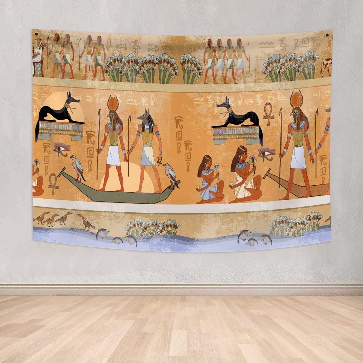 220x150cm Oud Egypte Tapijtwerk, Egyptische Goden Pharaohs Wandtapijten Zwarte Kleur Hond Vogels Boot Hiërogliefen Houtsnijwerk Mythologie Wandtapijten voor Woonkamer Slaapzaal Decor