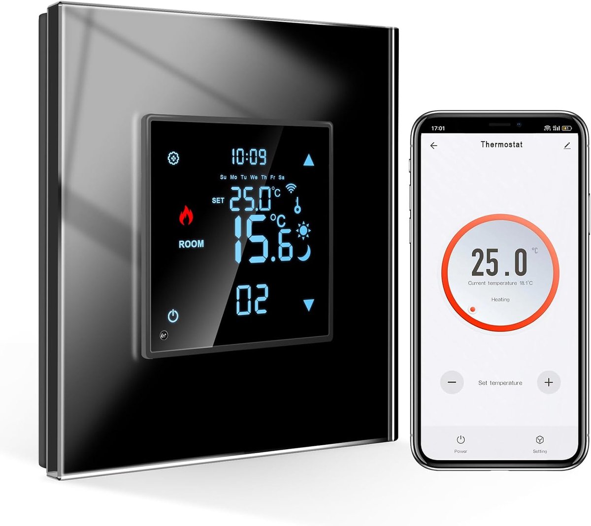 Slimme thermostaat inbouw met kristalglaspaneel, wifi, digitale kamerthermostaat compatibel met Alexa Echo, Google Assistant, 16 ampère, zwart