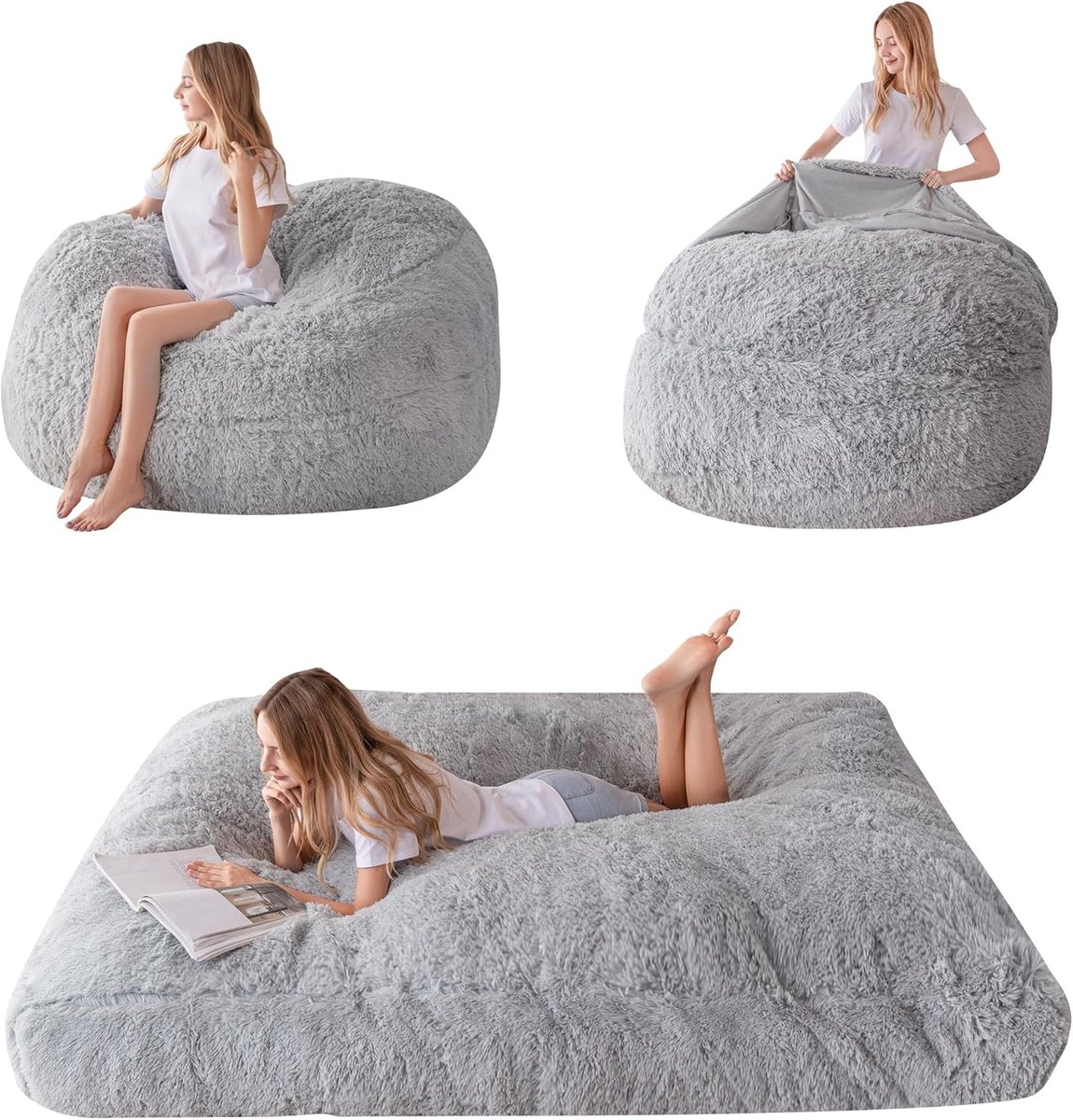 Enorm zitzakbed, om te zetten van zitzak tot bed, grote bank met pluche overtrek en pluizige vulling inbegrepen, voor volwassenen, paren, gasten (grijs, 135 x 190 cm)