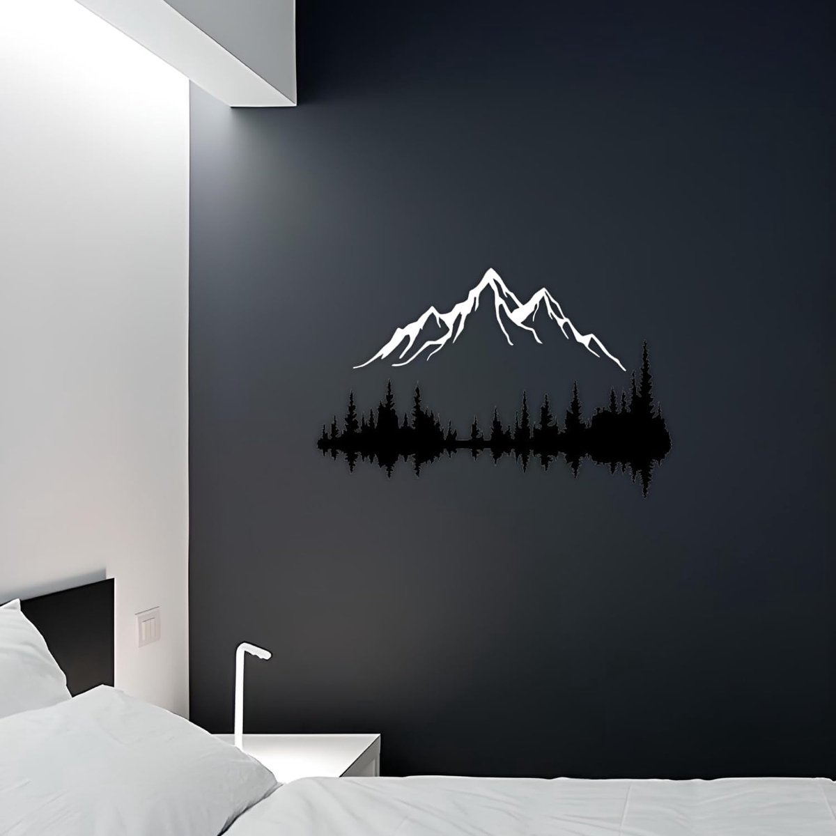 muurkunst berg en bos, metalen wanddecoratie, grote wandsculptuur voor rustiek huis, binnen en buiten, moderne decoratie, foto's voor thuis, kantoor, woonkamer (berg 2, groot, wit/zwart)