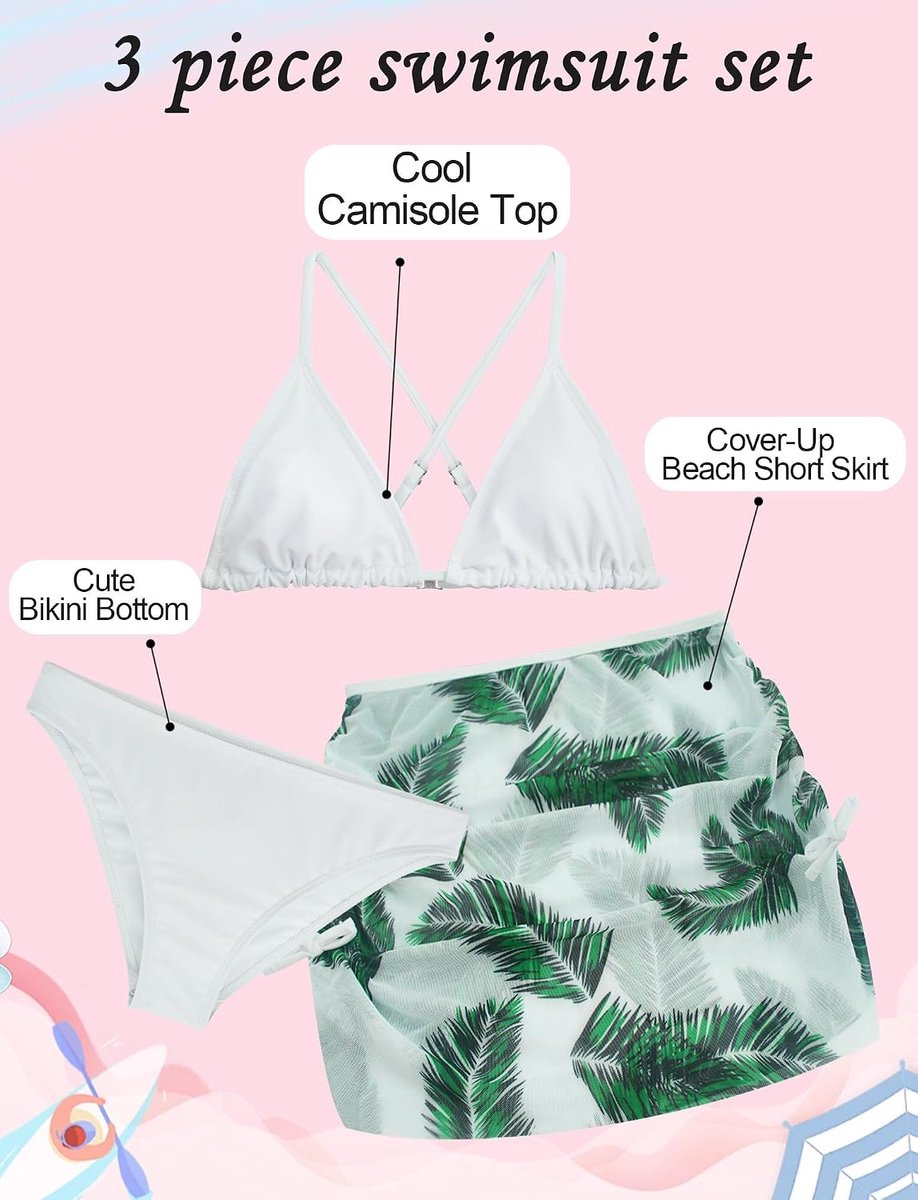 Meisjesbikiniset met rok, 3-delig, tieners, badmode, modieus bedrukt, badpak, gevoerde badkleding voor 140-170 cm
