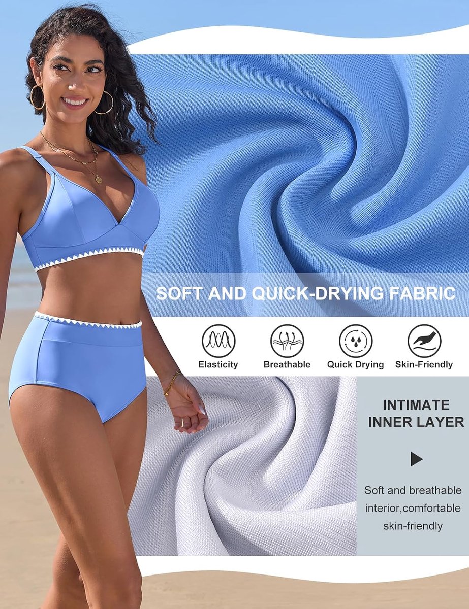 Tweedelige bikiniset voor dames, hoog uitgesneden badpak met V-hals voor dames, gestikt badpak