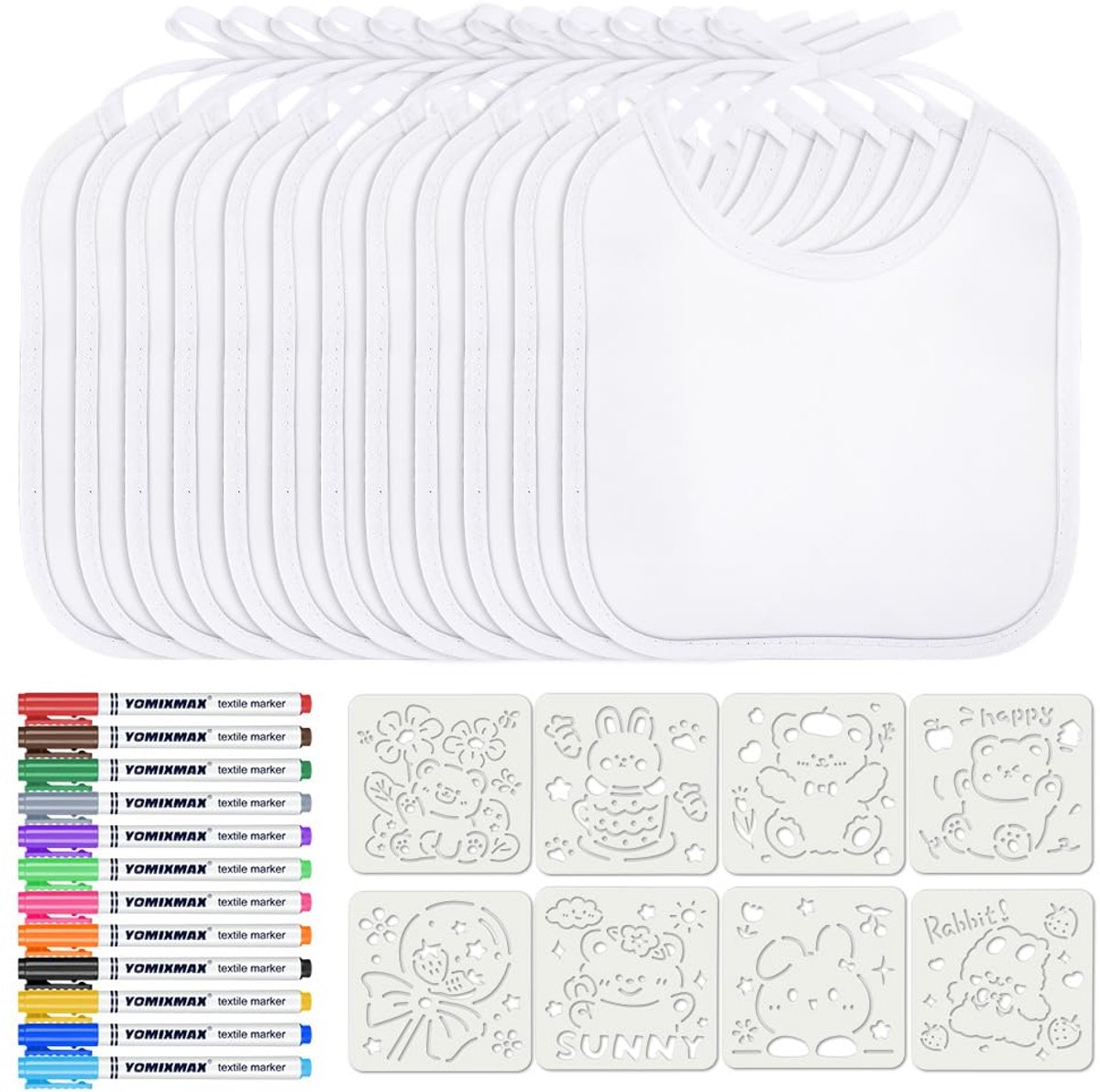 SnelShoppen - 12 Witte Waterdichte Babyslabbetjes om te Schilderen met 12 Textielpennen en 8 Schildersjablonen - Perfect Cadeau voor Babyborrel of Kwi
