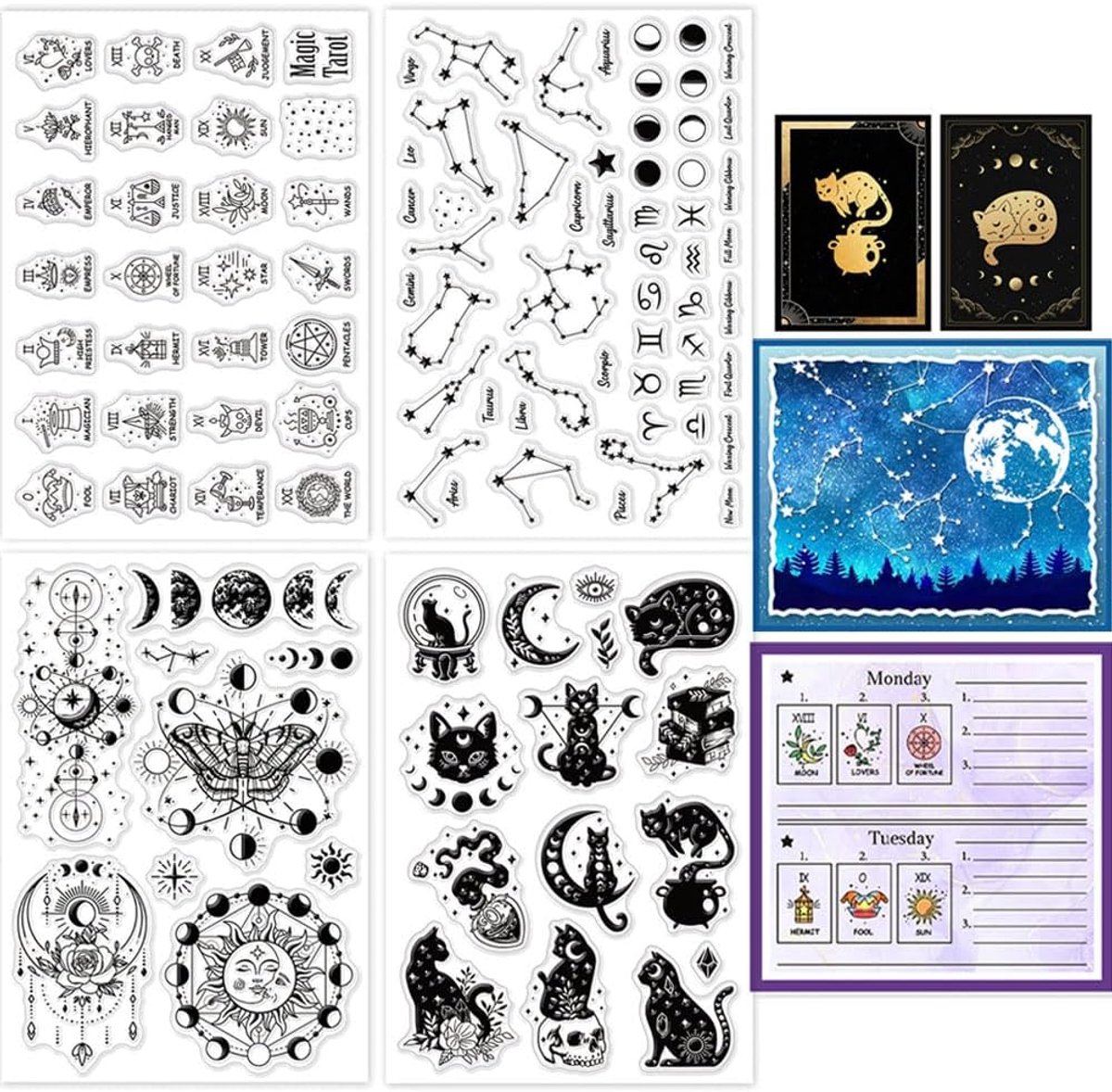 4 vellen tarotkaarten duidelijke stempels voor het maken van kaarten 12 sterrenbeelden siliconen duidelijke stempel zegels magische kat waarzeggerij transparante stempels voor doe-het-zelf
