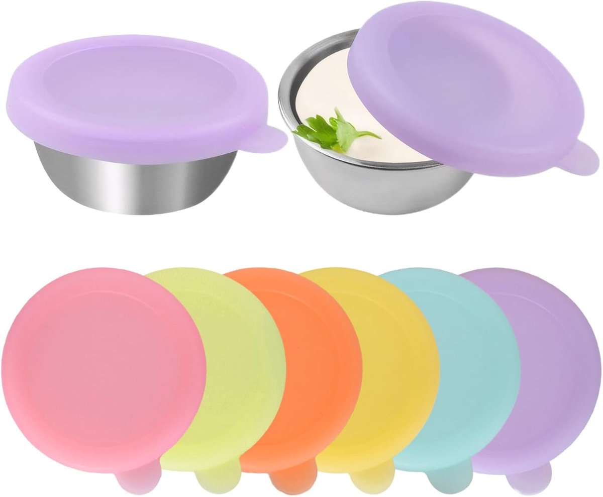 6 stuks saladedressing containers, sauspotten, herbruikbaar, kleine kruiderijcontainers met deksels, dip sauscontainer roestvrij staal, met siliconen deksels, 50 ml, voor snacks, dips, salade