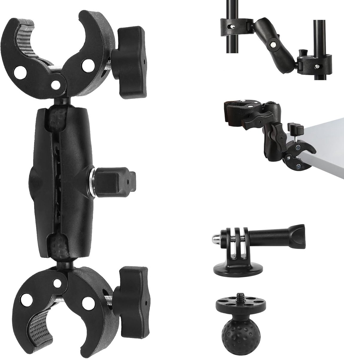 klemhouder voor actiecamera met 1/4 inch 20-schroefdraad, verstelbaar, met 360° kogelarm, voor GoPro, statief, reflectoren, motorfietsen, stuur, selfiesticks