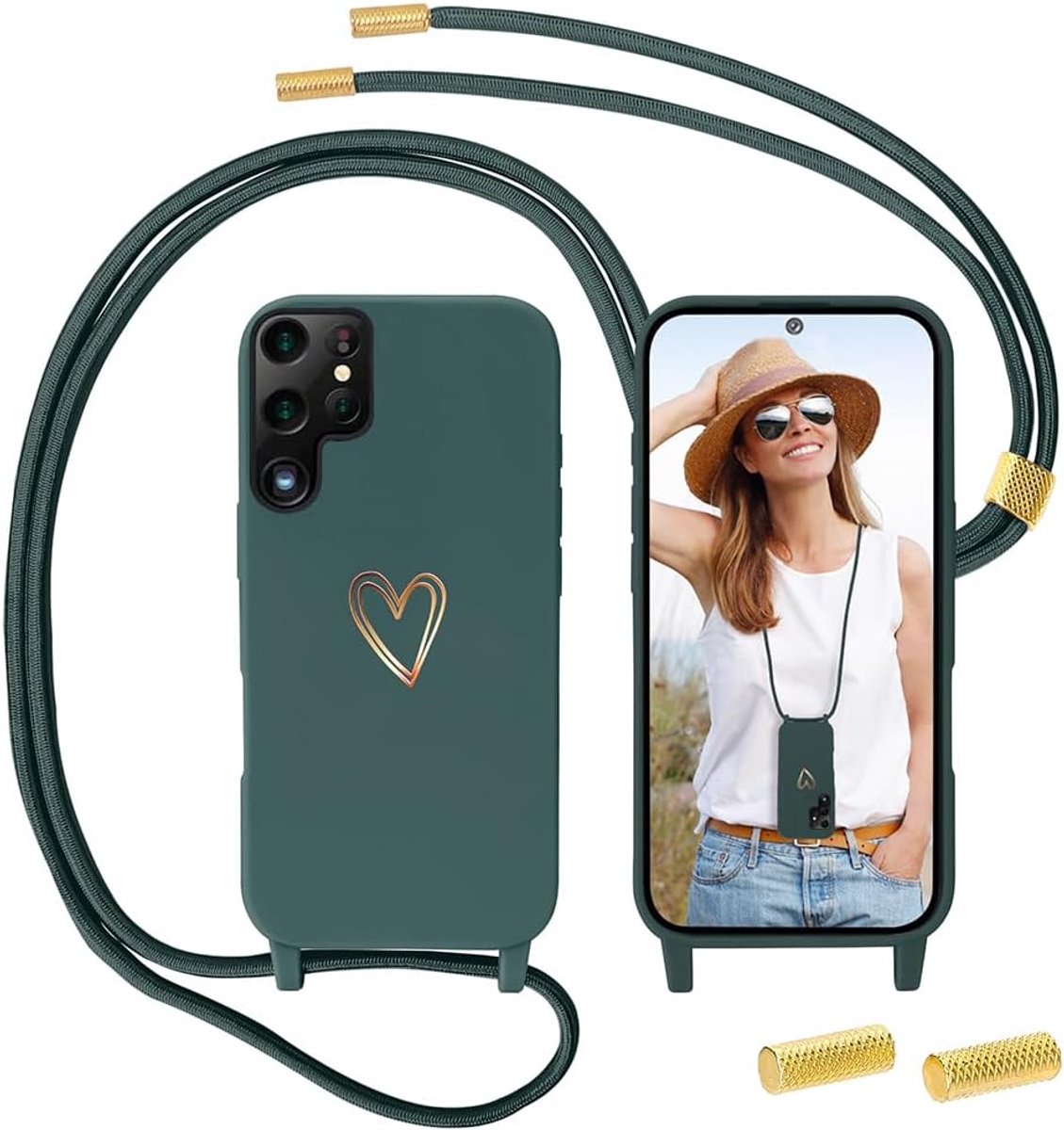 telefoonband voor Samsung Galaxy S23 Ultra 5G, hoes met koord, MoEvn halsketting, telefoonhoes met koord om om te hangen, hartpatroon, siliconen hoes, stootvaste beschermhoes met afneembare