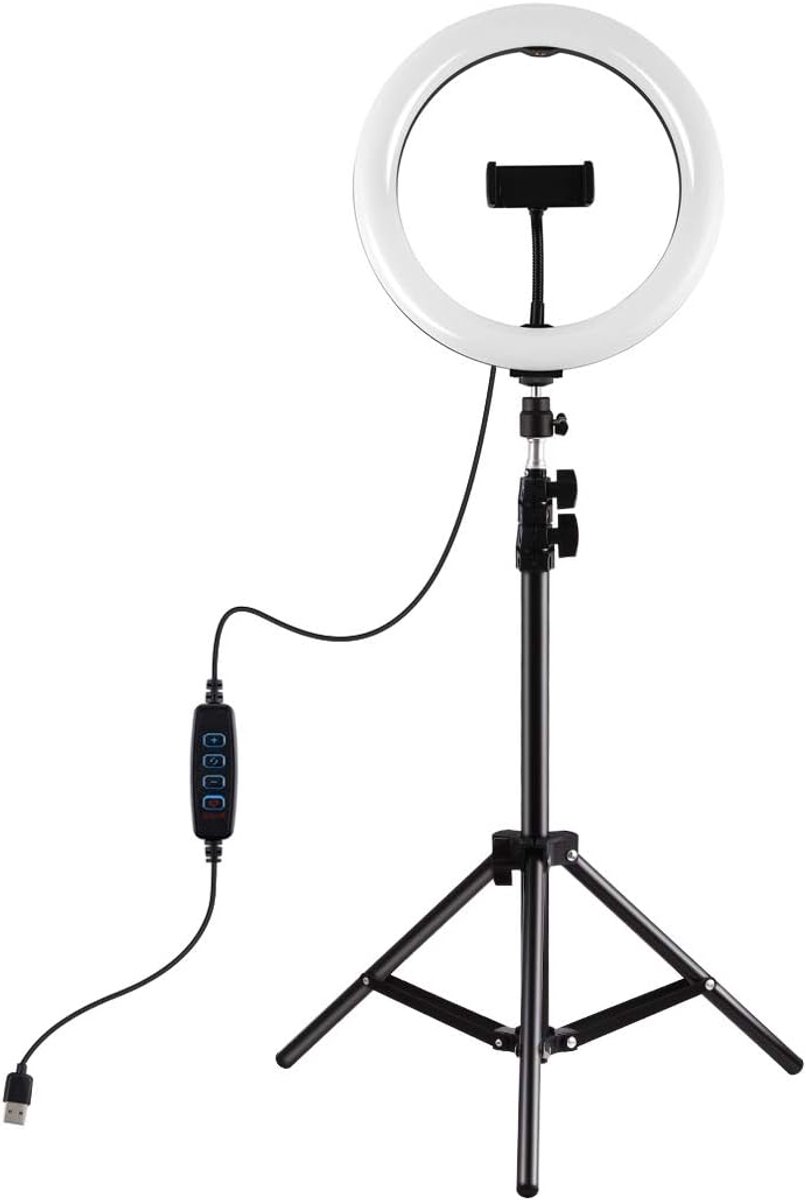 SnelShoppen - 10 Inch Ring Light voor Selfie met Drie Verlichtingsmodi - LED Ringlamp met Triangulaire Houder en 10 Dimbare Helderheidsniveaus voor Ma