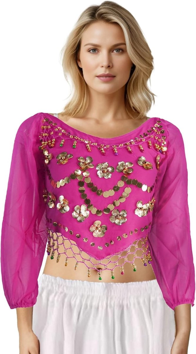 Belly Dance Top voor Vrouwen met Pailletten en Mouwen, Plompe Patroon en Belletjes voor Dansuitvoeringen