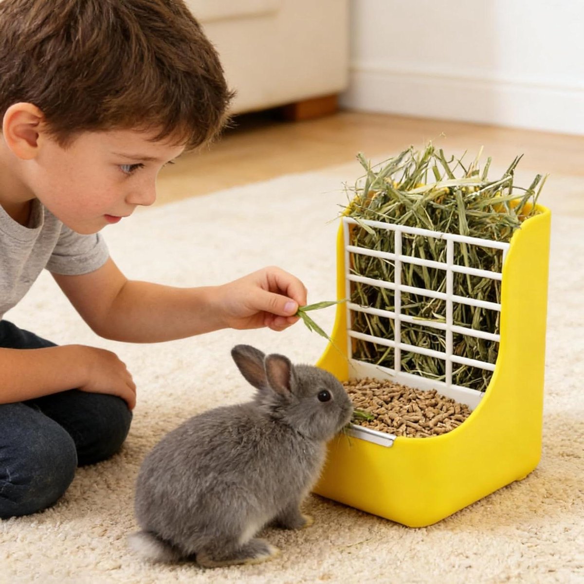 Hooivoerbak Kleine Dieren - Voerdispenser Huisdier - Voedsel Hygiënisch Houden - Dubbel Gebruik Voer en Gras - 15x15x18.5 cm - Geel