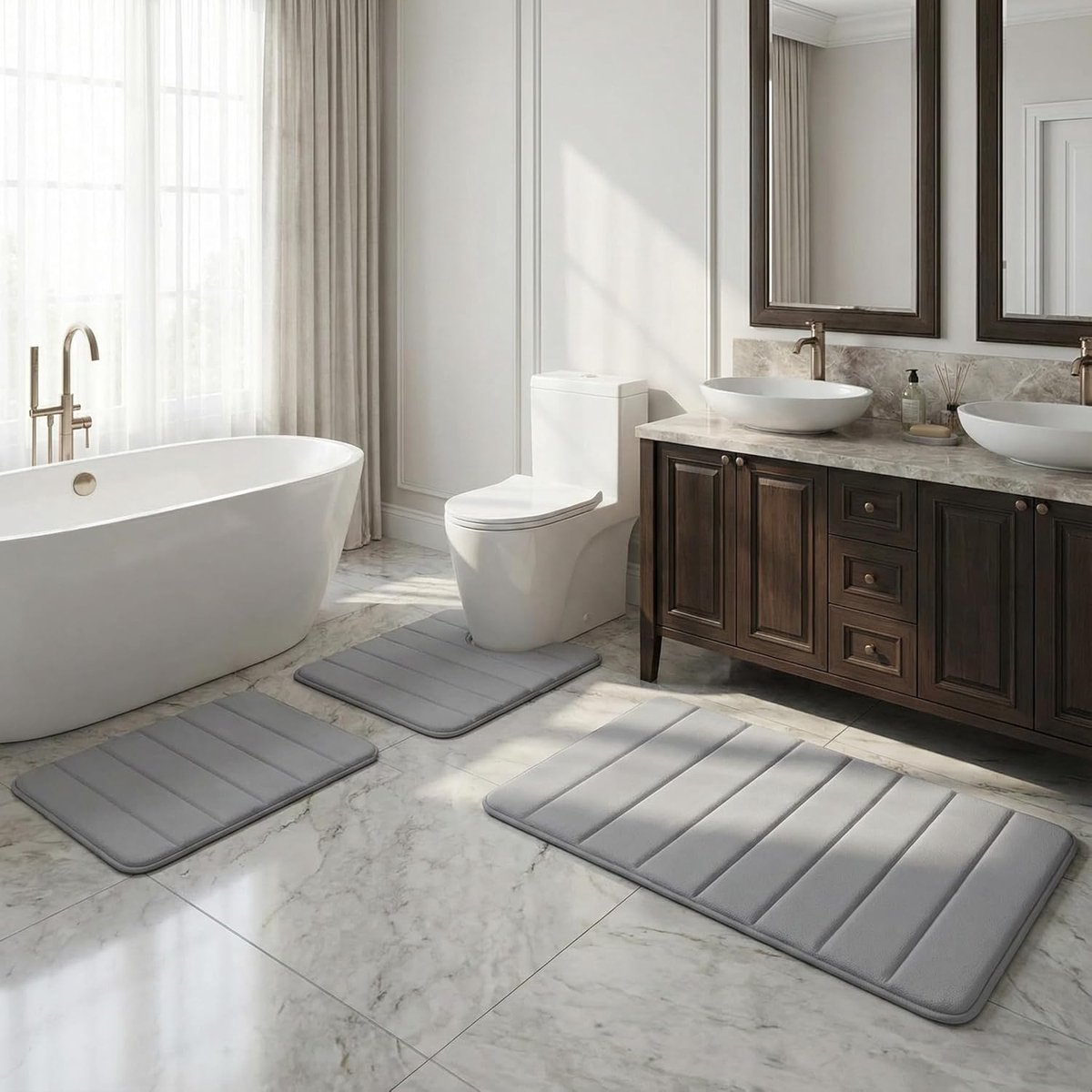 SnelShoppen - 3-delige antislip badmatset, microvezel pluche badkamermat, U-vormig contourtoilettapijt, antislip design, lichtgrijs, voor badkamer, do