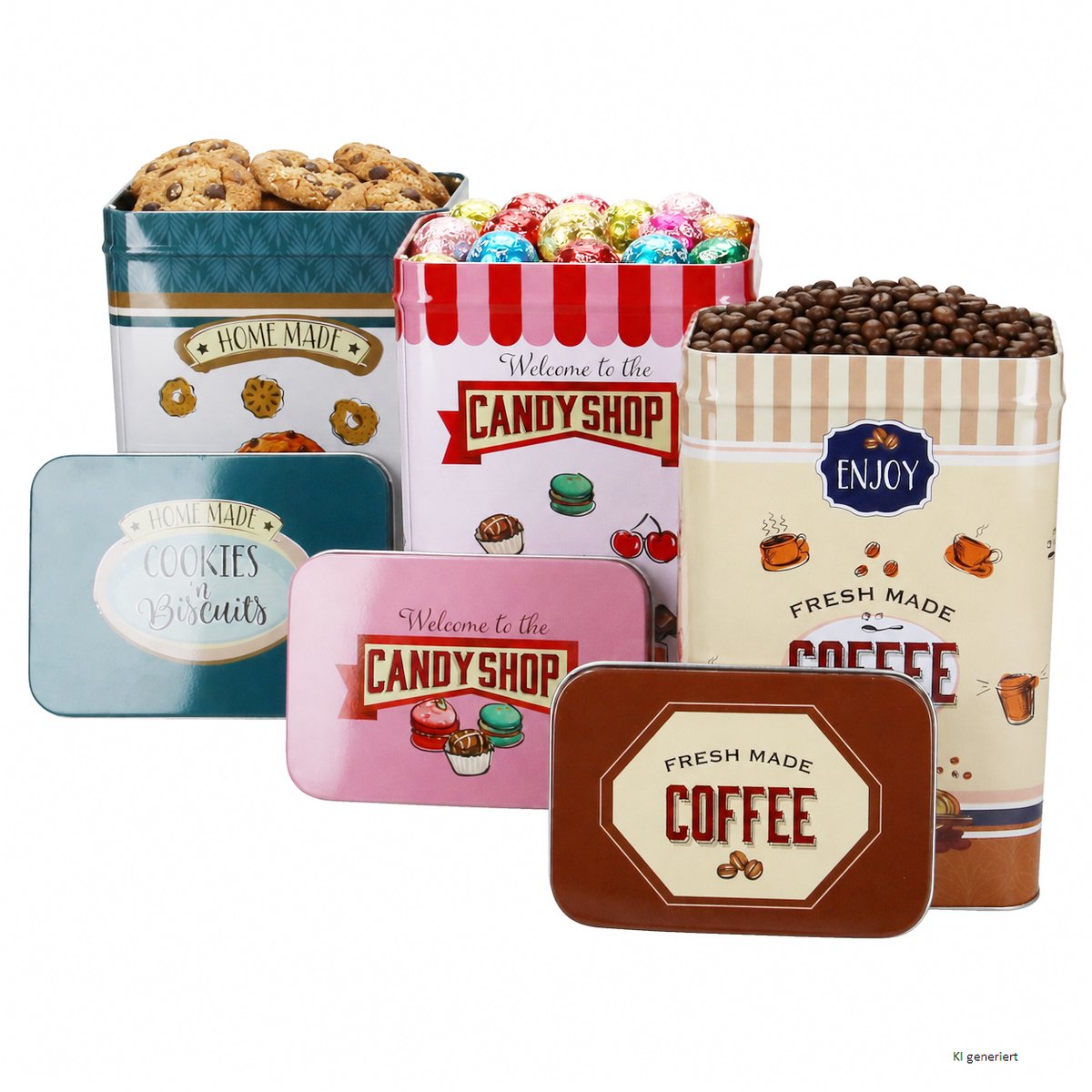 Set van 3 COOKIES-bewaarbussen: 1x Cookies, 1x Candyshop en 1x Coffee van blik – BL4298070