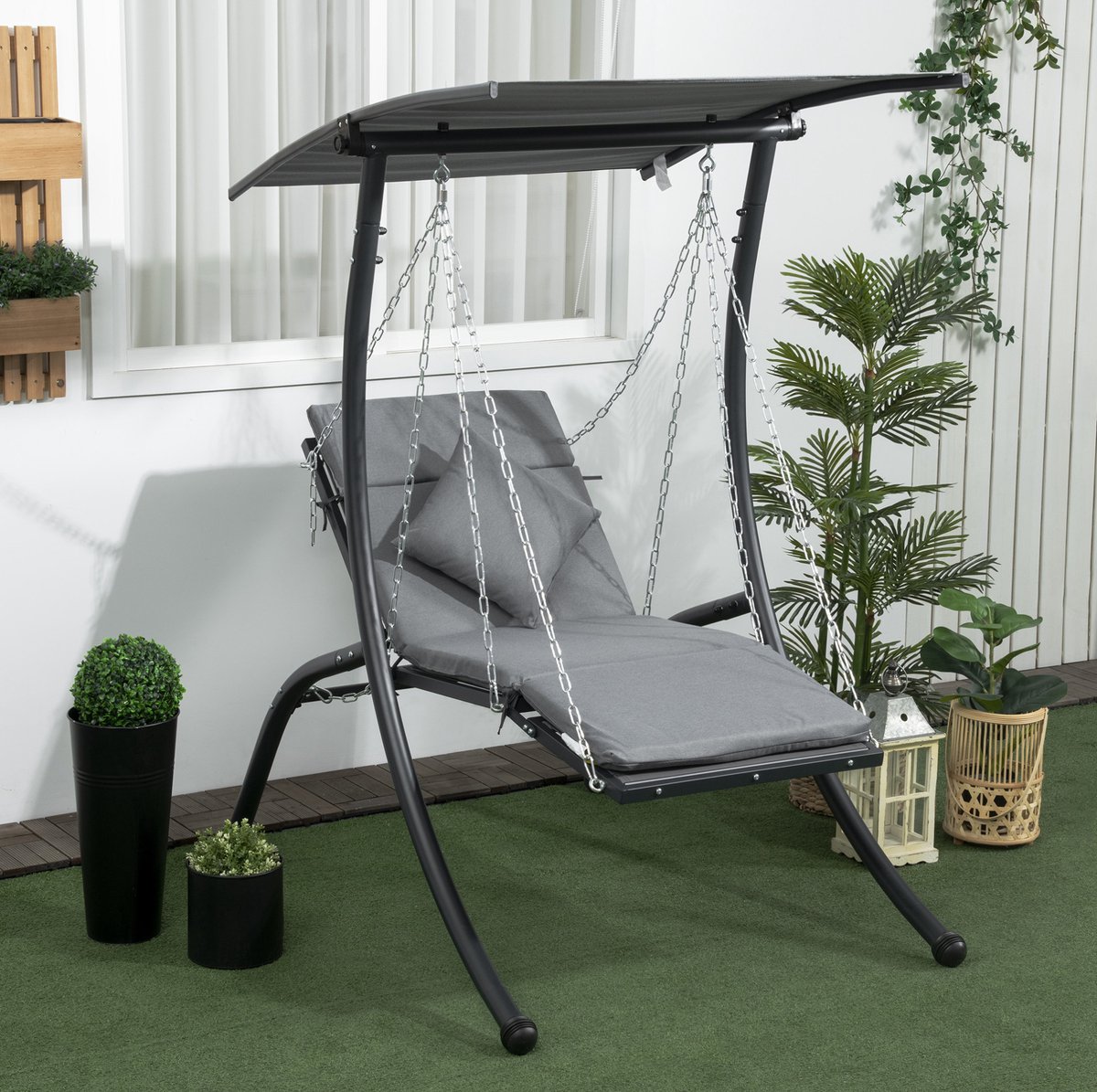 MODENUIT Schommelbank – Verstelbaar Dak – 108 x 145 x 169 cm – Metaal – Donkergrijs – Zit- en Ligstand