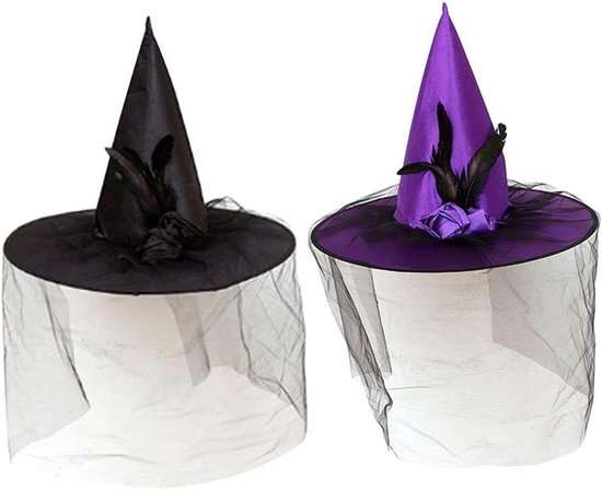 Heksenhoeden - Verkleedhoeden Cosplay - Halloween Feestdecoratie - Met Netgaren - 40 x 40 x 36 cm - Zwart Paars