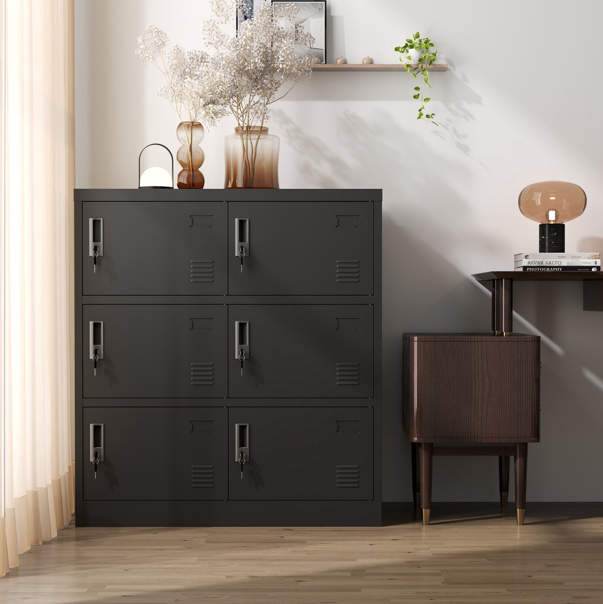 COVREO Metalen locker 90x40x100 cm zwart, 6 vakken met sloten