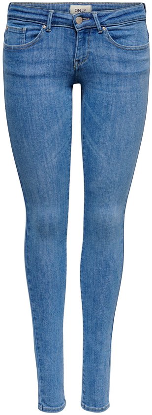 Blauwe skinny jeans met lage taille, voorzien van metalen knoop en 'ONLY'-label aan de binnenkant.