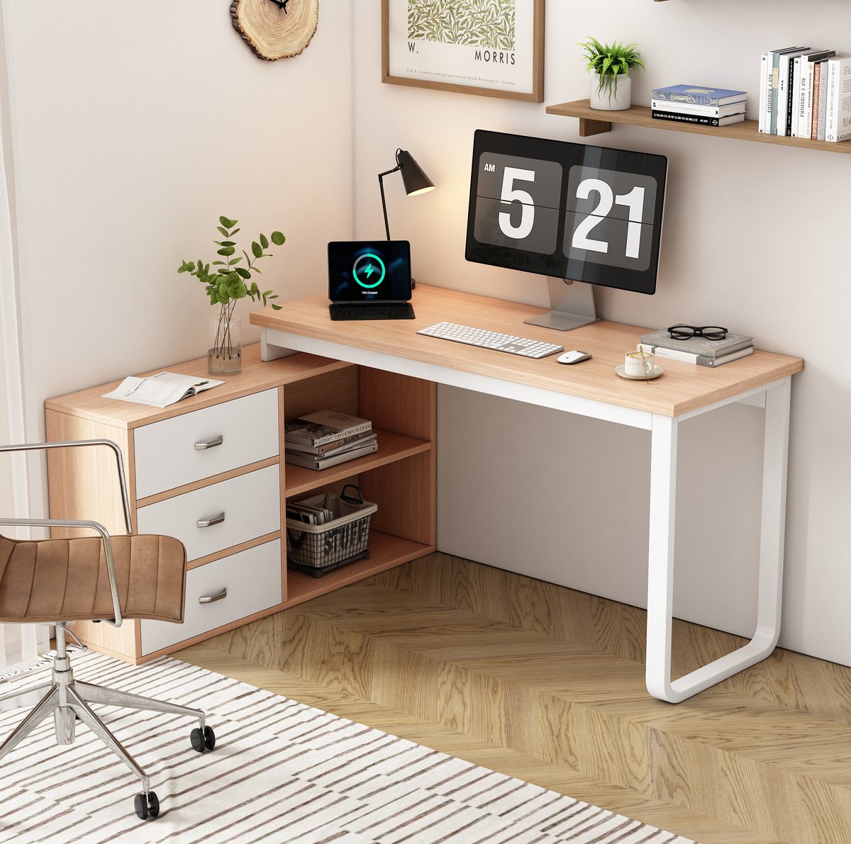 COVREO Bureau 147x100x75,3 cm naturel, MDF en metaal met 3 lades