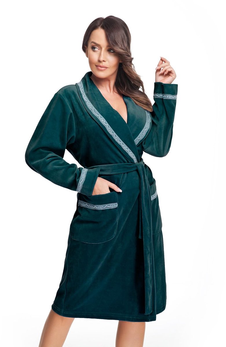 Omgoods - Luxe Dames Velours Badjas met Kant (L, Petrol)