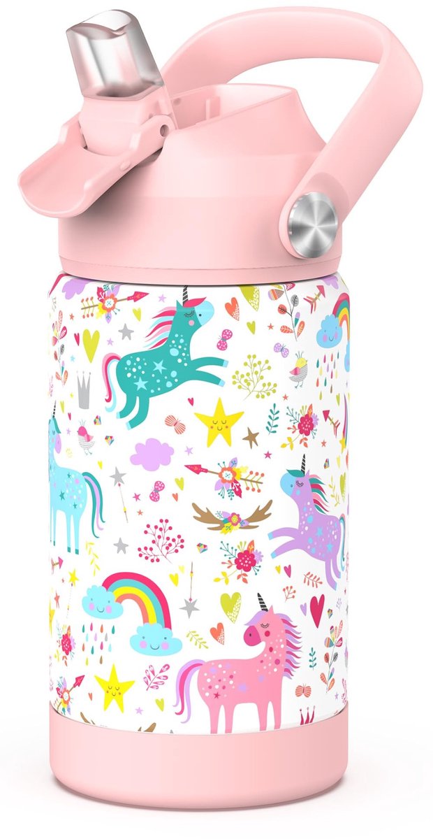 Omgoods - Geïsoleerde Waterfles voor Kinderen met Rietje - 12 Oz Unicorn Design