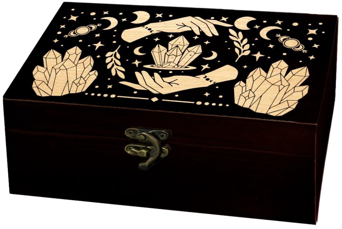 Omgoods - Houten Bewaarbox met Mysterieuze Handen en Maanfase Patroon