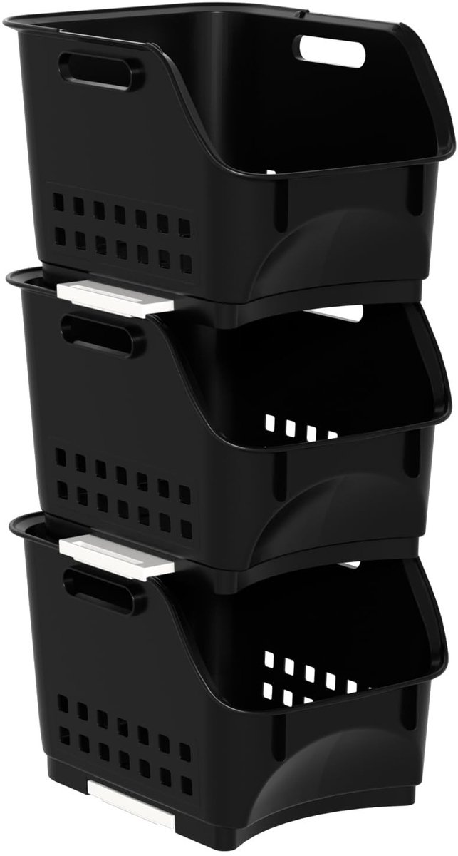 Omgoods - 3-Laags Stapelbare Plastic Opslagmanden, Open Voorzijde, Zwart