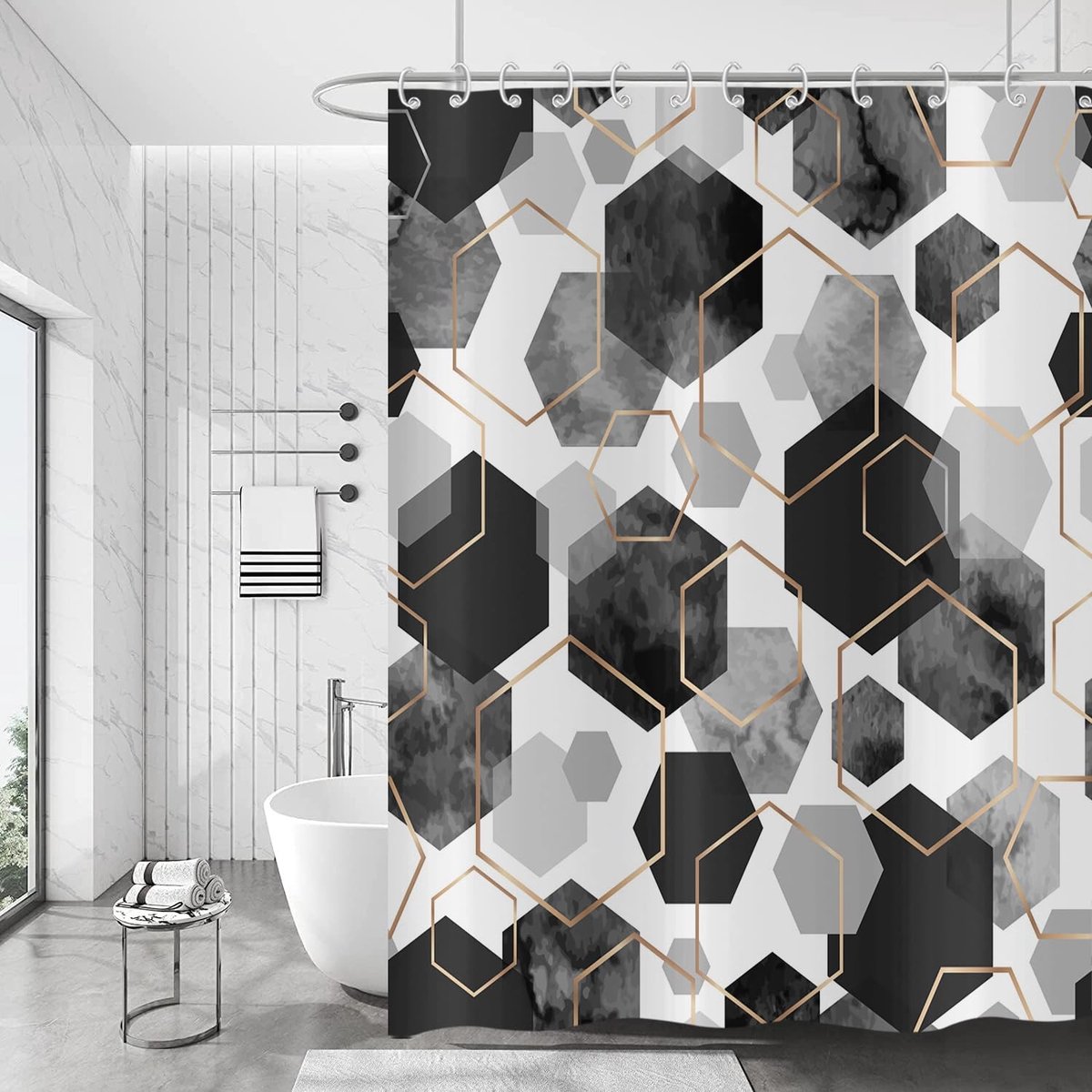 Omgoods - Douchgordijn Zwart 180x200cm - Modern Geometrisch Hexagonaal, Waterdicht Polyester, Wasbaar