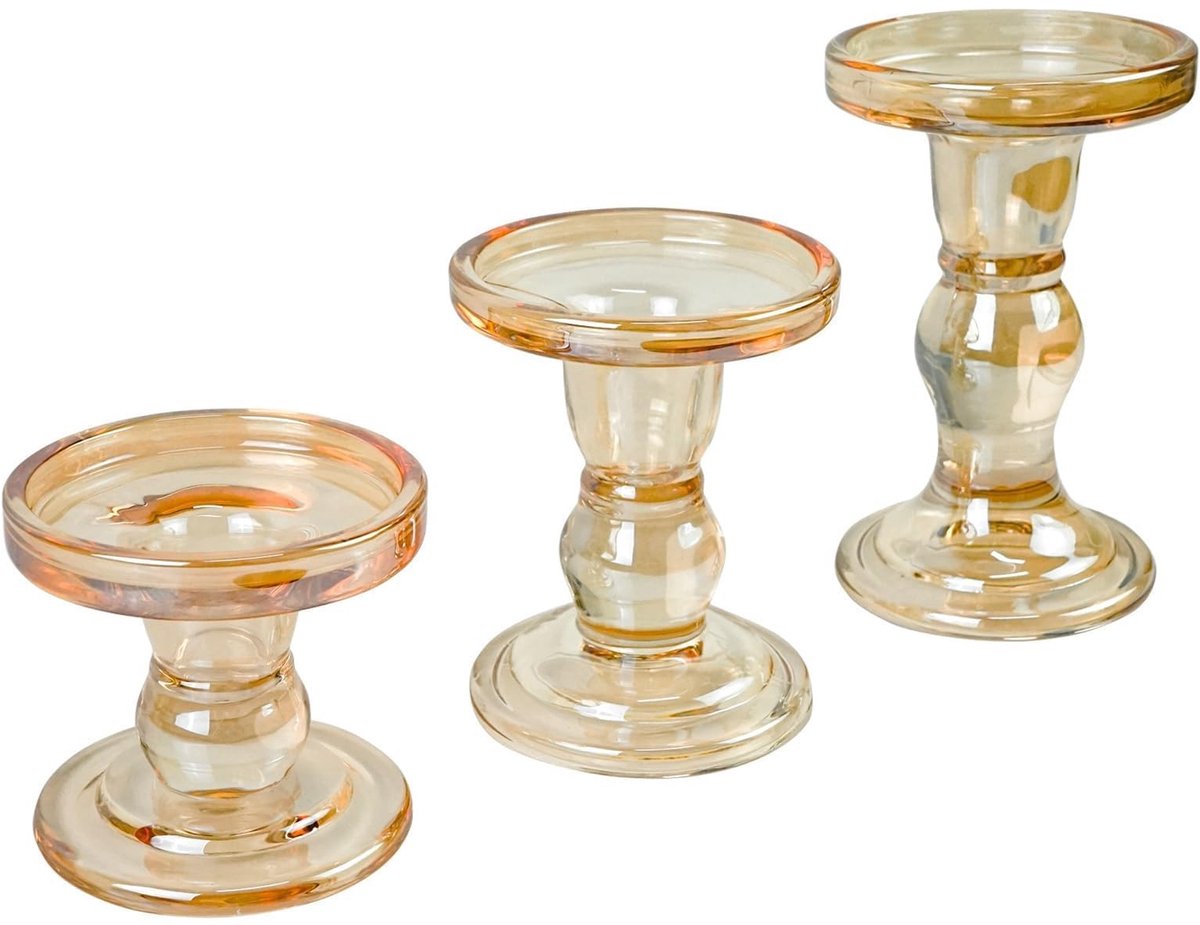Omgoods - Set van 3 Amber Glazen Kaarsenhouders voor Tafeldecoratie