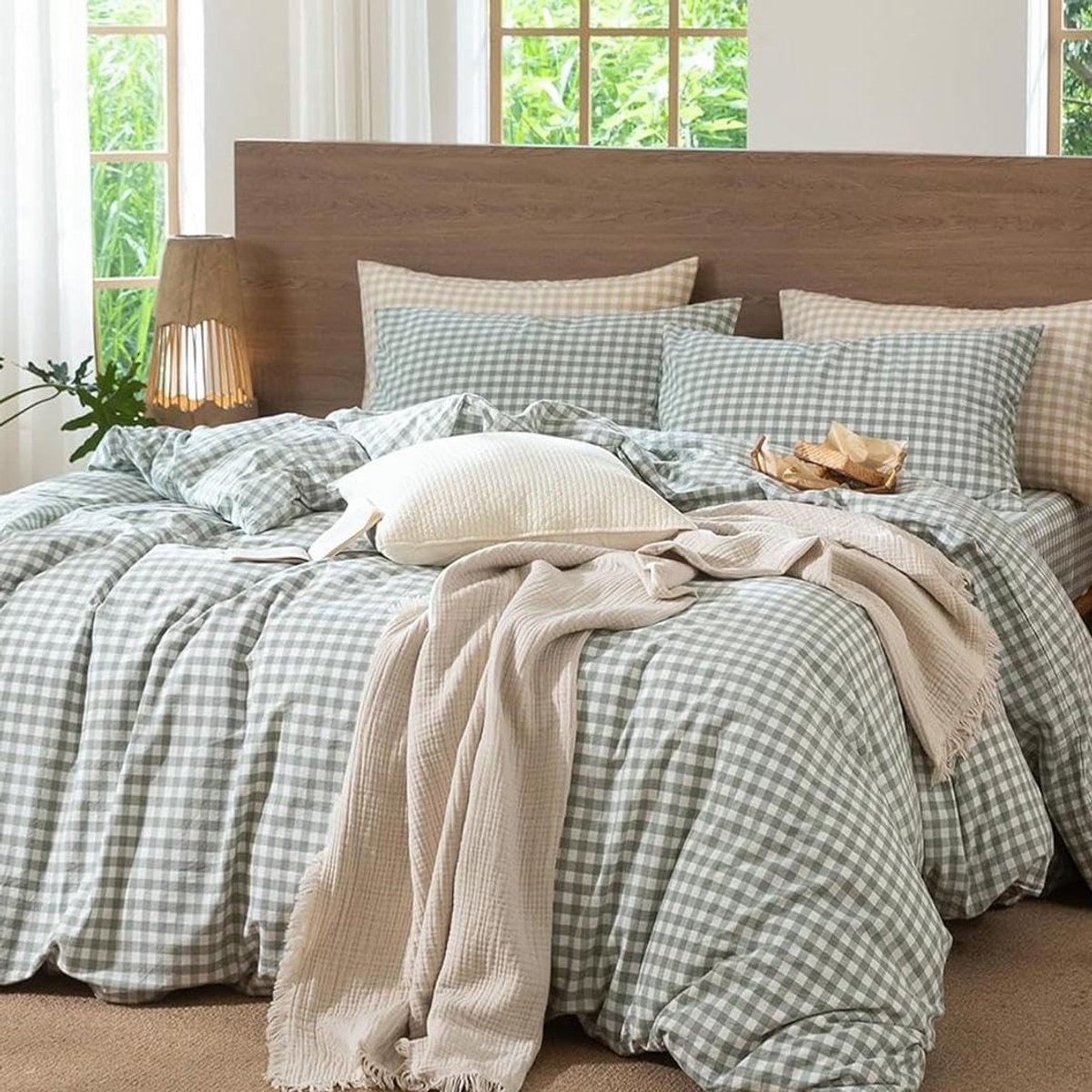 Omgoods - Katoenen Dekbedovertrek 155x220 cm Geruit Groen Wit - Renforcé met Rits en Kussensloop